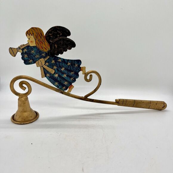 Vintage Brass Hand Painted Angel Candle Snuffer 12” Long Christmas Folk Rustic - Picture 2 of 7